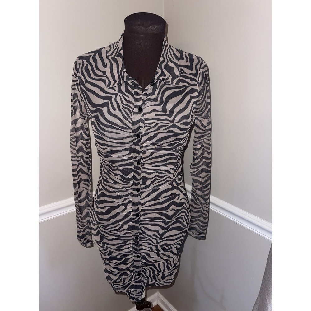 J Forβ Justify Zebra Print Sexy Shirt Dress Mesh Stretchy Womens M Brown